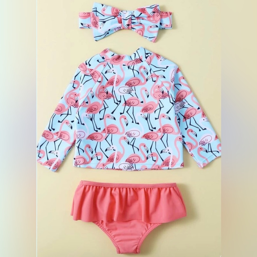 Baby Flamingo Print rash guard  Swim Set with bow